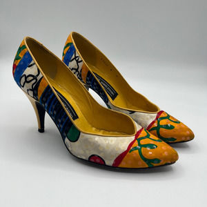 Stuart Weitzman Womens Classic Pump Heel Multicolor Leather Abstract Vintage 6 M